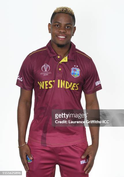 Shimron Hetmyer of West Indies poses for a portrait prior to the ICC Cricket World Cup 2019 at The Radisson Blu Hotel on May 25, 2019 in Bristol,...