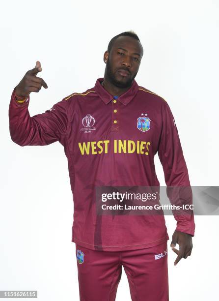 Andre Russell of West Indies poses for a portrait prior to the ICC Cricket World Cup 2019 at The Radisson Blu Hotel on May 25, 2019 in Bristol,...