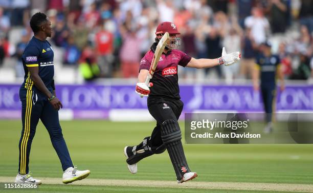 James Hildreth of Somerset celebrates scoring the winning runs and victory during the Royal London One Day Cup Final match between Somerset and...