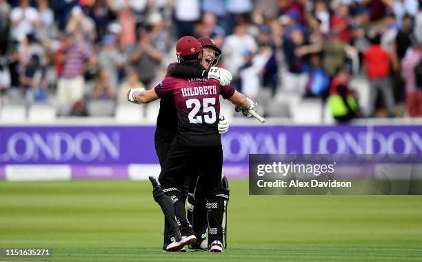 George Bartlett and James Hildreth of Somerset celebrate victory during the Royal London One Day Cup Final match between Somerset and Hampshire at...