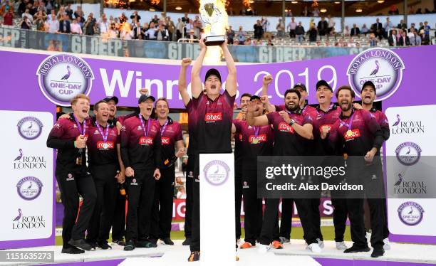 Tom Abell, captain of Somerset lifts the Royal London One Day Cup trophy with his teammates during the Royal London One Day Cup Final match between...