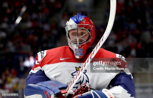 Patrik Bartosak, goaltender of Czech Republic tends net against Canada during the 2019 IIHF Ice Hockey World Championship Slovakia semi final game...