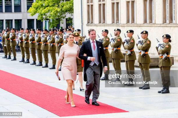 Hereditary Grand Duke Guillaume of Luxembourg and Hereditary Grand Duchess Stephanie of Luxembourg attend the Te Deum thanksgiving mass in the...