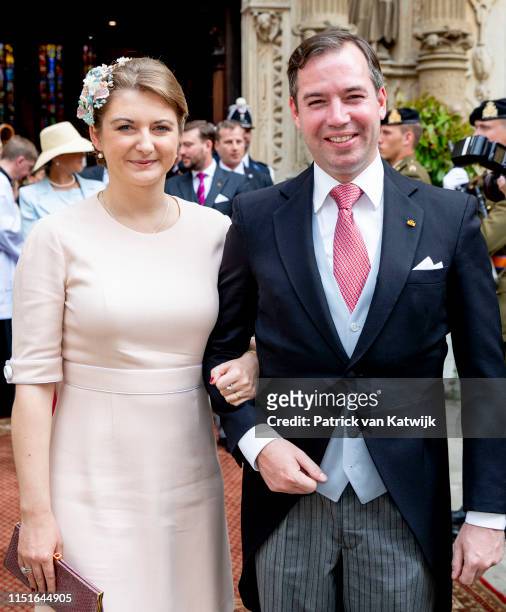 Hereditary Grand Duke Guillaume of Luxembourg and Hereditary Grand Duchess Stephanie of Luxembourg attend the Te Deum thanksgiving mass in the...
