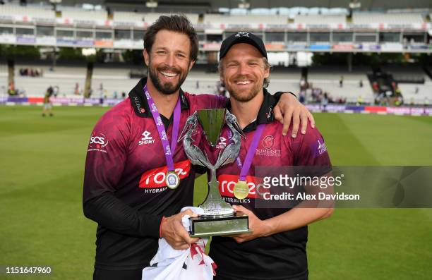 Peter Trego and James Hildreth poses with the Royal London One Day Cup Trophy during the Royal London One Day Cup Final match between Somerset and...