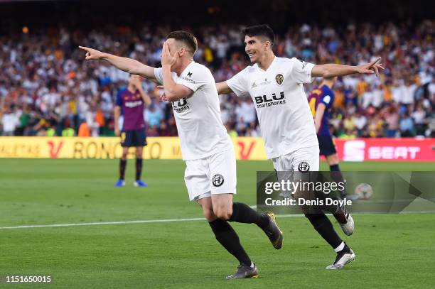 Kevin Gameiro of Valencia CF celebrates after scoring his team's first goal during the Spanish Copa del Rey match between Barcelona and Valencia at...