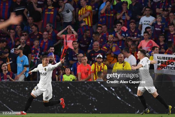 Rodrigo Moreno of Valencia CF celebrates with his team mate Kevin Gameiro after scoring his team's second goal during the Spanish Copa del Rey match...