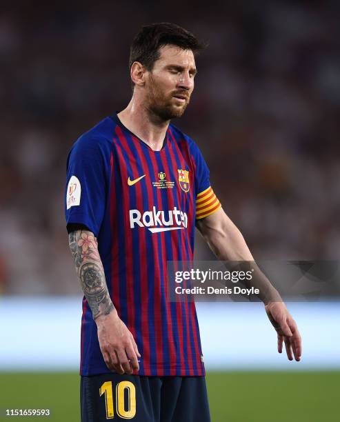 Lionel Messi of FC Barcelona reacts during the Spanish Copa del Rey match between Barcelona and Valencia at Estadio Benito Villamarin on May 25, 2019...