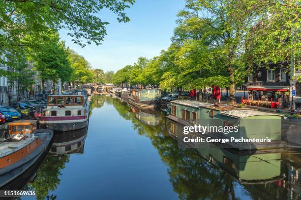 calm canal and boat houses in amsterdam - houseboat stock pictures, royalty-free photos & images