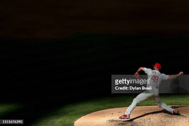 Jake Arrieta of the Philadelphia Phillies pitches in the sixth inning against the Milwaukee Brewers at Miller Park on May 25, 2019 in Milwaukee,...