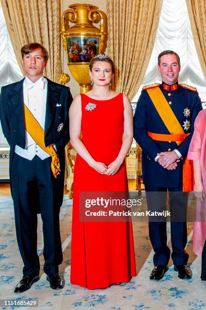 Prince Louis of Luxembourg, Hereditary Grand Duchess Stephanie of Luxembourg and Hereditary Grand Duke Guillaume of Luxembourg during the reception...