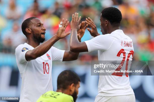 Jonathan David of Canada celebrates after scoring a goal to make it 7-0 during the Group A 2019 CONCACAF Gold Cup match between Canada v Cuba at Bank...