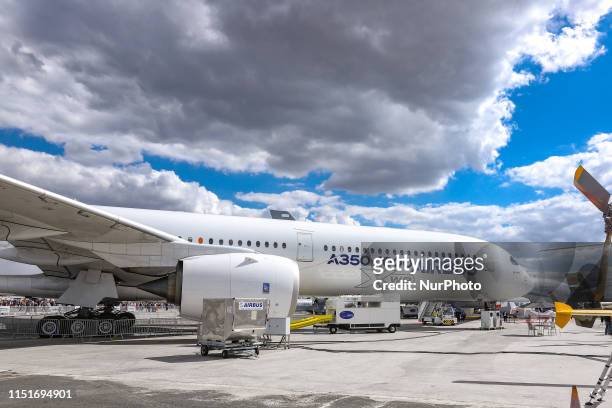 Airbus Industrie Airbus A350 airplane with registration F-WMIL, an Airbus A350-1000 Prototype aircraft as seen at 53rd Paris Air Show 2019 in Le...