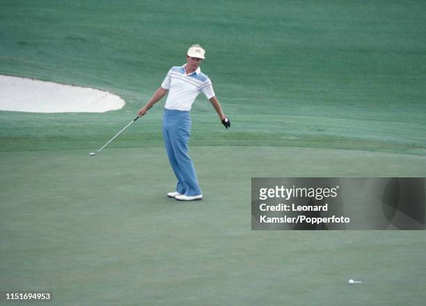 Scottish golfer Sandy Lyle reacts after missing a putt during the US Masters Golf Tournament at the Augusta National Golf Club in Georgia, circa...