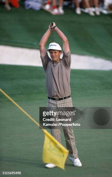 Scottish golfer Sandy Lyle celebrates after winning the US Masters Golf Tournament at the Augusta National Golf Club in Georgia on 10th April 1988.