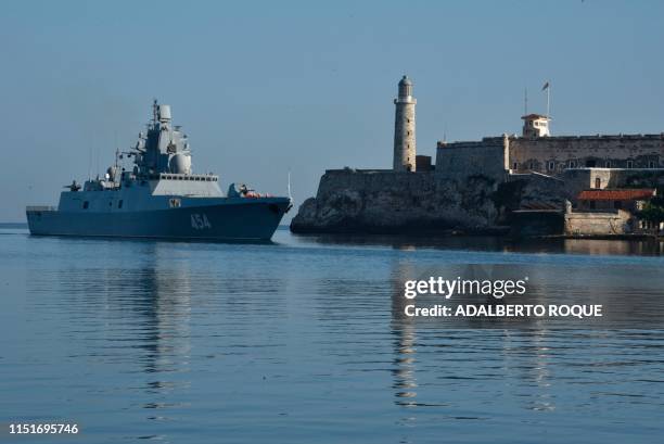 The Russian Federation Navy Admiral Gorshkov frigate arrives to Havana's port on June 24, 2019. - A Russian naval detachment, led by the frigate...