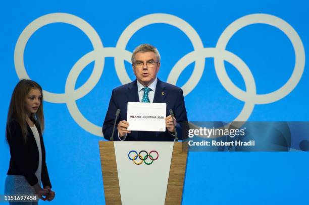 Thomas Bach, President of International Olympic Committee announces Milano-Cortina the winner of the bid for Olympic Games 2026 during IOC...