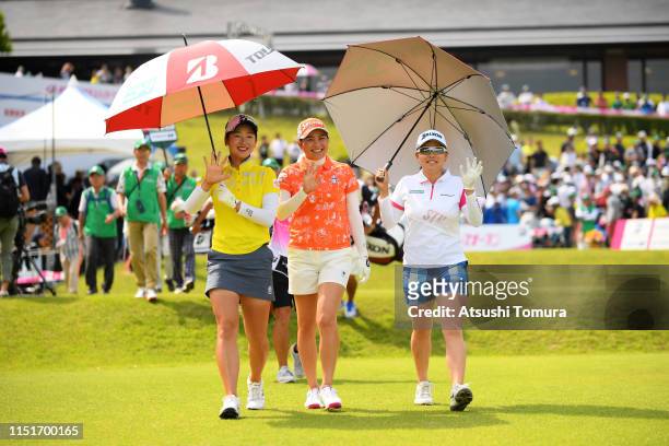 Rei Matsuda, Hina Arakaki and Minami Katsu of Japan walk on the 1st hole during the final round of the Chukyo TV Bridgestone Ladies Open at Chukyo...