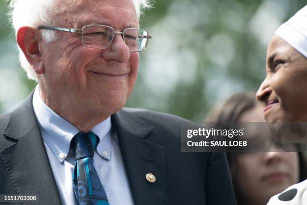 Senator Bernie Sanders , Independent of Vermont, and Representative Ilhan Omar , Democrat of Minnesota, hold a press conference to introduce college...
