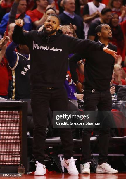 Rapper Drake reacts during game six of the NBA Eastern Conference Finals between the Milwaukee Bucks and the Toronto Raptors at Scotiabank Arena on...