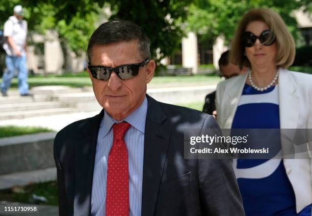 President Donald Trump’s former National Security Adviser Michael Flynn leaves the E. Barrett Prettyman U.S. Courthouse on June 24, 2019 in...