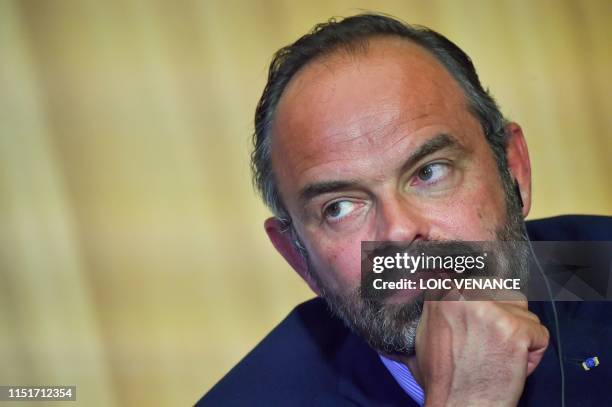 French Prime Minister Edouard Philippe holds a joint press conference with his Russian counterpart, during an official visit, in Le Havre, western...