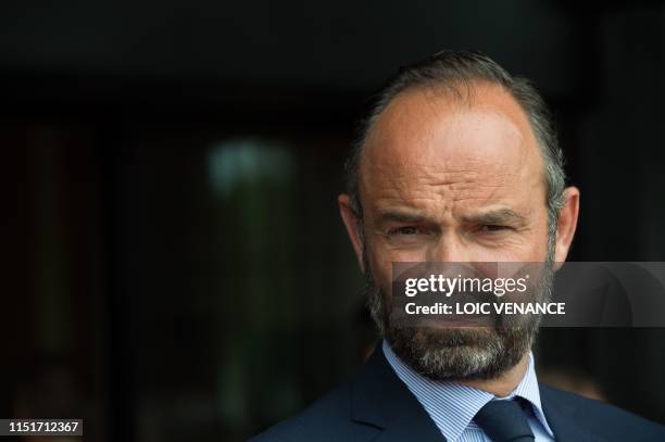 French Prime Minister Edouard Philippe waits for the arrival of his Russian counterpart during an official visit, in Le Havre, western France, on...