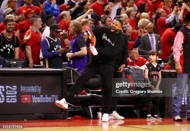 Rapper Drake reacts during game six of the NBA Eastern Conference Finals between the Milwaukee Bucks and the Toronto Raptors at Scotiabank Arena on...