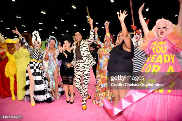 RuPaul cuts the ribbon as A'keria Chanel Davenport, Art Simone, Serena ChaCha, Michelle Visage, India Ferrah, Silky Nutmeg Ganache, Genie and Nina...