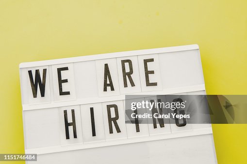We are hiring text in lightbox. Yellow background We are hiring text in lightbox. Yellow background