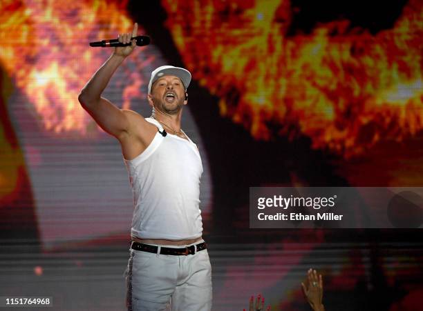 Singer Donnie Wahlberg of New Kids on the Block performs during a stop of the Mixtape Tour at the Mandalay Bay Events Center on May 25, 2019 in Las...