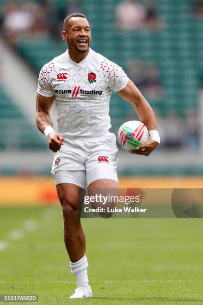 Dan Norton of England scores a try during the England v Samoa Challenge Cup quarter-final in HSBC London Sevens at Twickenham Stadium on May 26, 2019...