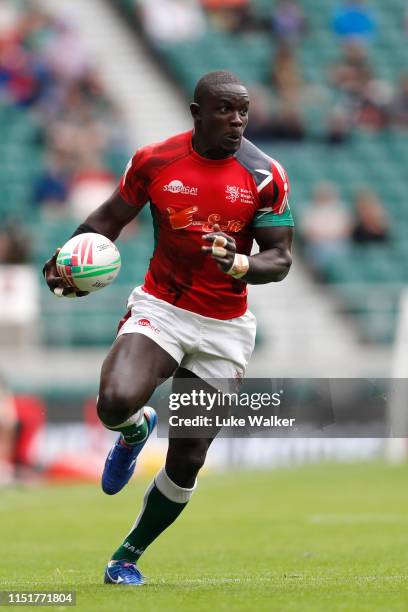 Andrew Amonde scores a try during the Kenya v Scotland Challenge Trophy Quarter Finals during day two of the HSBC London Sevens at Twickenham Stadium...