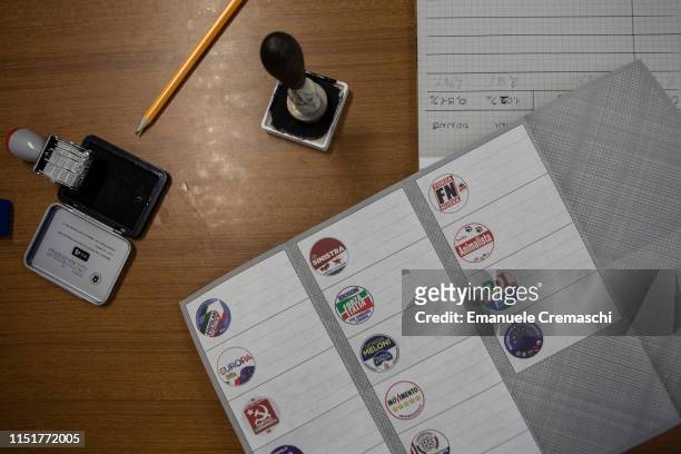 The detail of the table of polling station official during the European Parliamentary election at a polling station on May 26, 2019 in Milan, Italy....