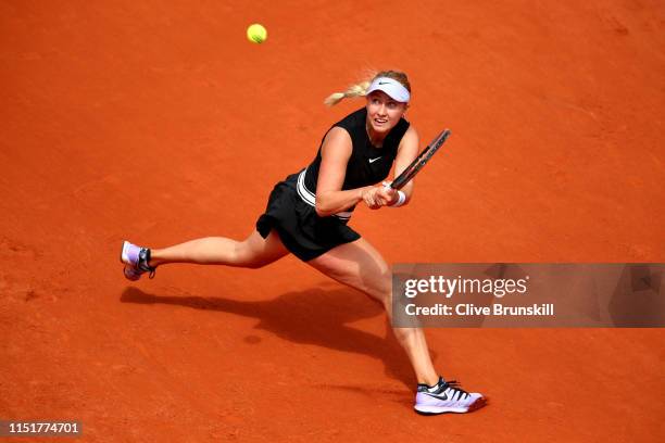 Anastasia Potapova of Russia plays a backhand in her ladies singles first round match against Angelique Kerber of Germany during Day one of the 2019...