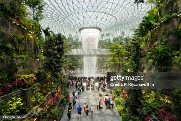 singapore's world tallest vertex waterfall - singapore stock pictures, royalty-free photos & images