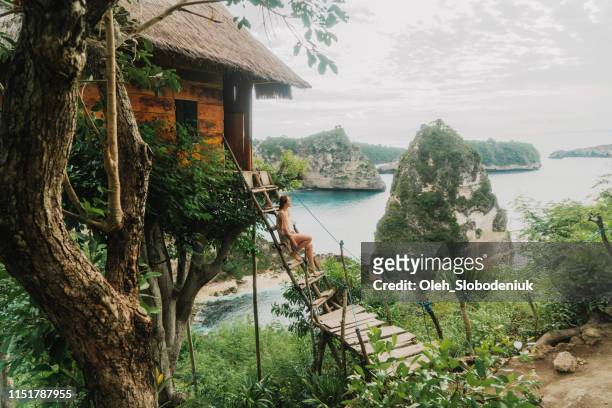 Scenic view of woman near the  tree house near the sea on Nusa Penida