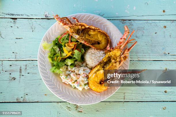 dish with fresh lobster, rice and vegetables, caribbean - barbuda stock pictures, royalty-free photos & images