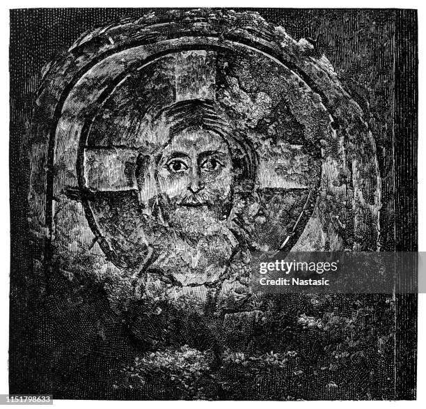 one of the oldest images of christ in the roman catacombs. baptistery of the holy pontianus - fresco stock illustrations