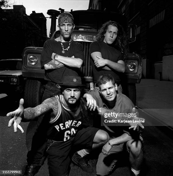 Hardcore punk/metal band Biohazard strike poses on a Greenwich Village street on August 13, 1993 in New York City, New York.