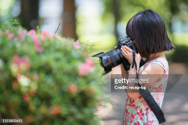 klein meisje dat foto's van bloemen in openbaar park neemt - kind camera bloemen stockfoto's en -beelden