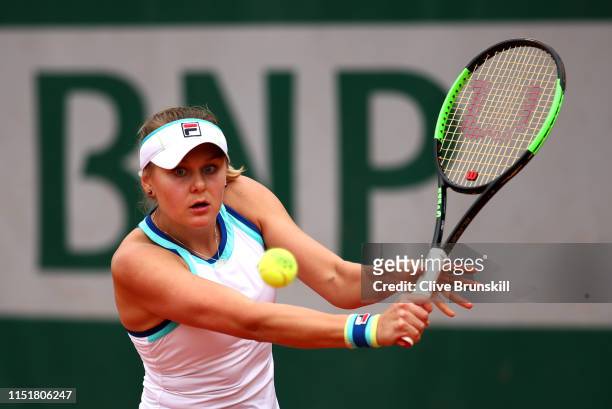Kateryna Kozlova of Ukraine in her ladies singles first round match against Bernarda Pera of The United States during Day one of the 2019 French Open...