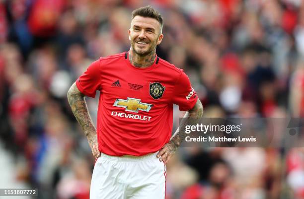 David Beckham of Manchester United '99 Legends looks on during the Manchester United '99 Legends and FC Bayern Legends match at Old Trafford on May...