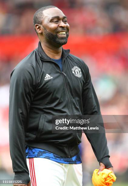 Andy Cole of Manchester United '99 Legends looks on during the Manchester United '99 Legends and FC Bayern Legends match at Old Trafford on May 26,...