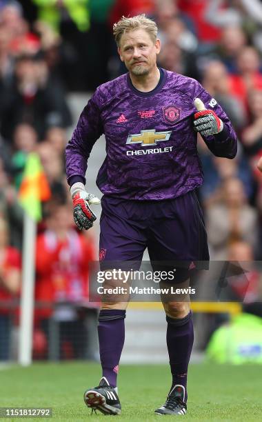 Peter Schmeichel of Manchester United '99 Legends looks on during the Manchester United '99 Legends and FC Bayern Legends match at Old Trafford on...