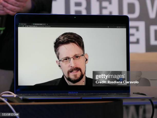 Computer security consultant Edward Snowden in connection from Russia during the Wired Next Fest 2019 at the Giardini Indro Montanelli on May 26,...