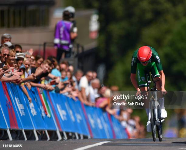 Minsk , Belarus - 25 June 2019; Michael O'Loughlin of Ireland approaches the finish line to complete the Men's Cycling Time Trial on Day 5 of the...