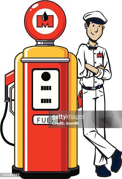 ilustrações de stock, clip art, desenhos animados e ícones de guy inclinar-se na bomba de gás - gas station