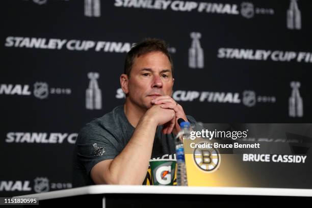 Head coach Bruce Cassidy of the Boston Bruins speak during Media Day ahead of the 2019 NHL Stanley Cup Final at TD Garden on May 26, 2019 in Boston,...