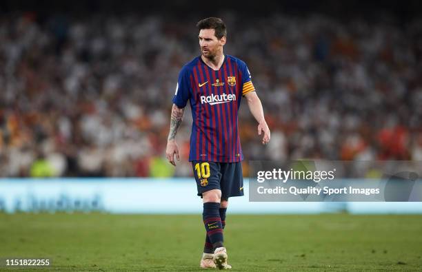 Lionel Messi of Barcelona looks on during the Spanish Copa del Rey Final match between Barcelona and Valencia at Estadio Benito Villamarin on May 25,...